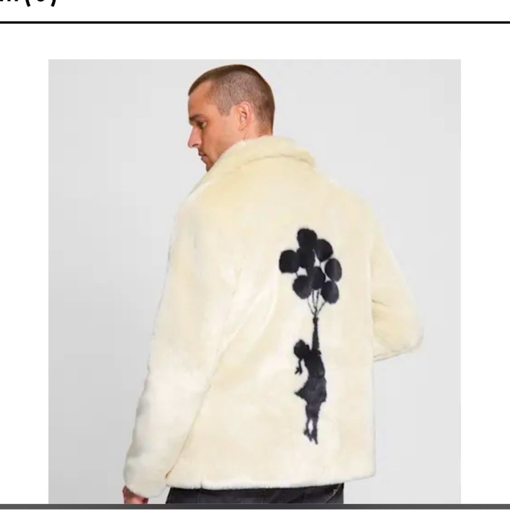 Guess Banksy print faux fur coat, NWT, size XL men’s.